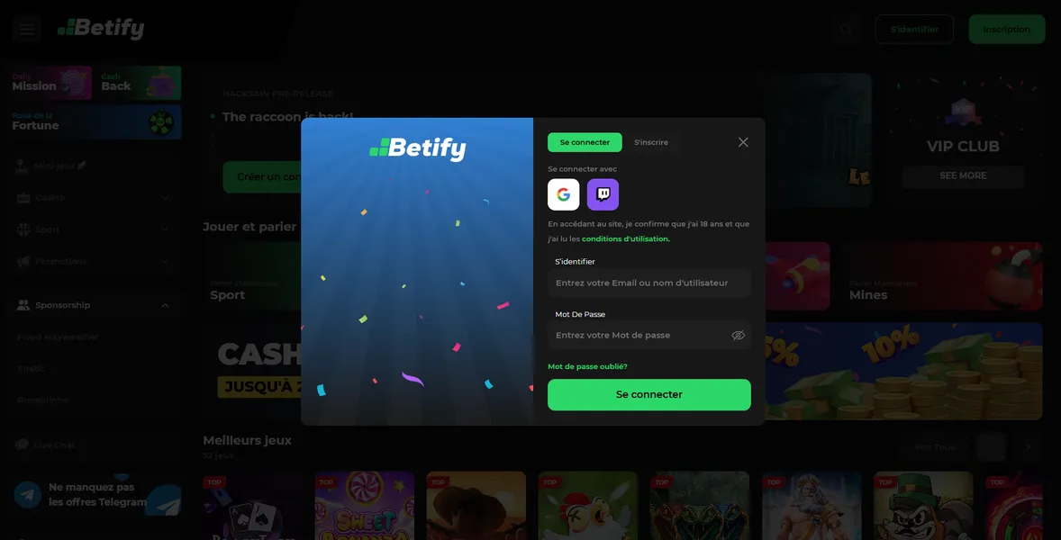 Inscription et connexion sur Betify Casino